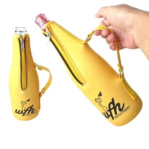 Custom Neoprene Zip-Up Wine Cooler Bags with Striped Pattern Insulation Sleeves & Leather Handle for Beer & Champagne <b>Bottle</b> - Product Image 1