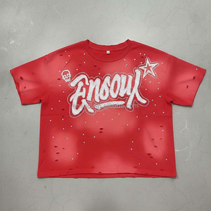T-shirt <span class=keywords><strong>da</strong></span> uomo di lusso personalizzata del produttore ES, effetto distressed sbiadito dal sole, con applicazione ricamata, streetwear, girocollo, con strass, modello crop. - Product Image 1