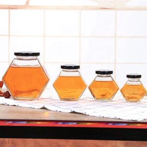 Premium storage honey jar glass packaging bottles gold hexagon container food 280ml 380ml