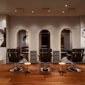 Chaise <span class=keywords><strong>de</strong></span> barbier en bois sur mesure avec miroir LED en arc, design moderne minimaliste pour <span class=keywords><strong>salon</strong></span> <span class=keywords><strong>de</strong></span> coiffure féminin, design d'intérieur complet - Product Image 5