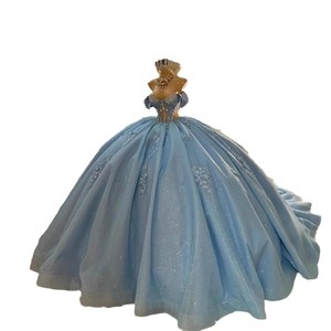 Off The Shoulder Light Blue Ball Gown Chiffon Empire Waist Prom Dress With Train And Cut Out Details For Adult Princess Style - Product Image 5