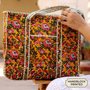 Sac fourre-tout en coton à fleurs bohèmes avec bordure rayée, ouverture supérieure, idéal pour le shopping en toutes saisons - Product Image 1