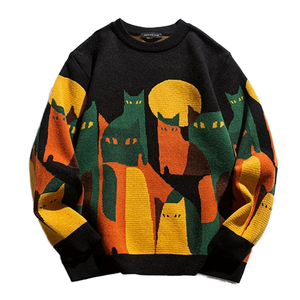 Pull en maille tendance pour homme avec imprimé chat coloré, col rond, ample, chaud, décontracté, streetwear d'hiver - Product Image 1