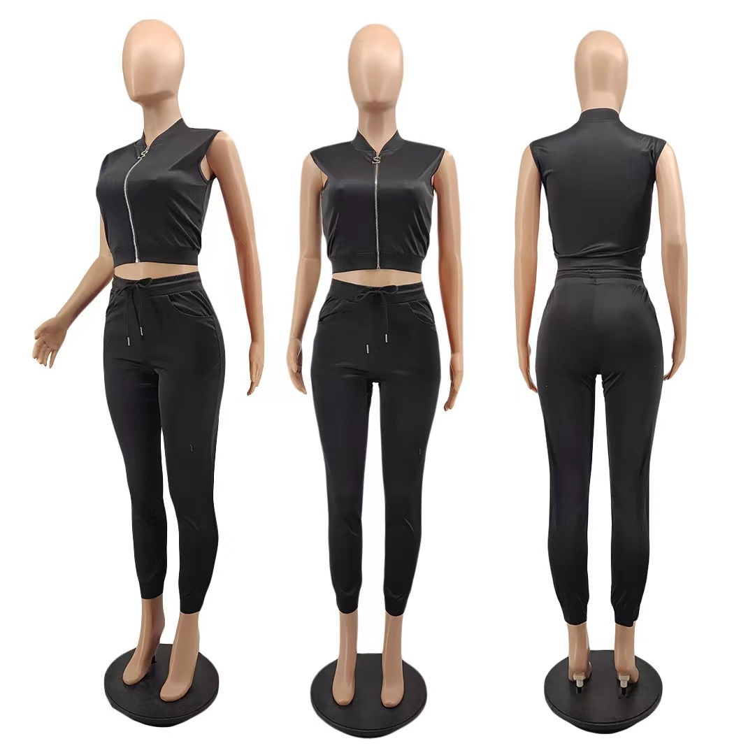 2022 New Arrival Solid Color Casual Tracksuit Zippers sleeveless vest long Pant Two Piece Set Suit spring sweatsuits for women