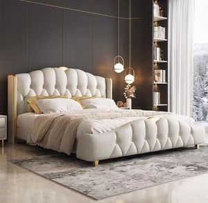 Muebles de Dormitorio de Fabricantes de Calidad Cama Doble Alta de Lujo Tamaño King con Estructura Moderna de Madera Maciza y Cabecero Tapizado en Piel - Product Image 2