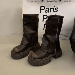 Bottes mi-mollet femme automne 2025 marron style rétro britannique western à enfiler avec fermeture éclair, talons plats épais en coton, semelle antidérapante en caoutchouc - Product Image 3