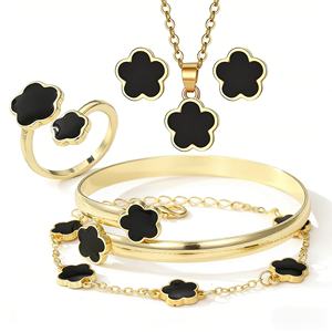 Nuevo Conjunto de Joyería de Moda para Mujer, 5 Piezas, Trébol de Cinco Hojas Colorido, Pulsera, Anillo, Aretes, Collar - Product Image 1