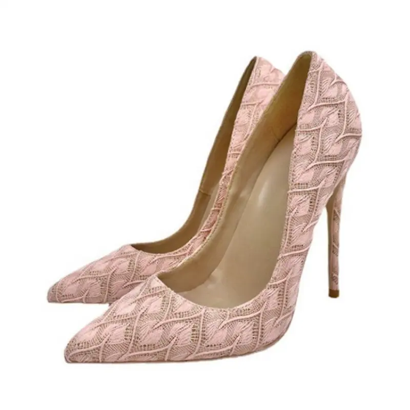 Elegant Women Pink Lace Fabric Pointy Toe High Heel Wedding Shoes Comfortable 8cm 10cm 12cm Stiletto Pumps