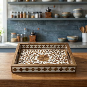 Bandeja de Servir Ecológica de Madera de Acacia, Rectangular, con Diseño de Plantas, Hecha a Mano, Diseño Moderno con Asas para Comedor - Product Image 2