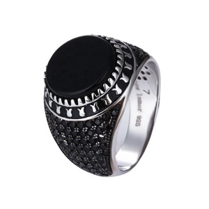Bijoux fantaisie, bague en argent sterling 925 avec pierre noire, modèles pour hommes - Product Image 1