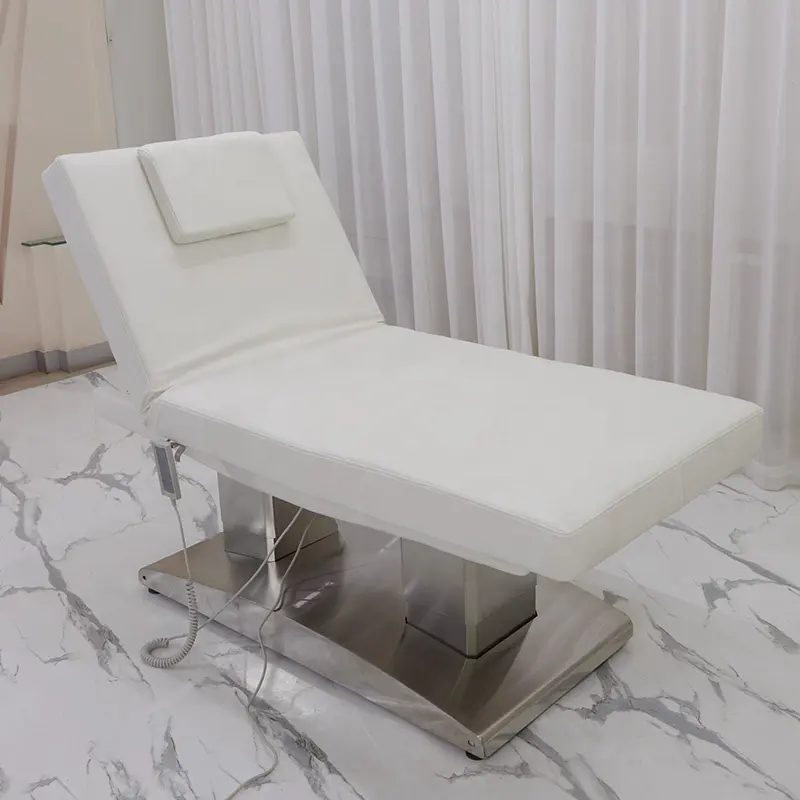 Mesa de masaje con base de acero inoxidable de doble pilar de lujo, cama de spa facial de masaje resistente con 3 motores para salón