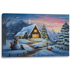 Billigere gerahmte Wandbilder gestreckte Leinwand führte Winter Schneemann Bild Wand kunst beleuchtet bunte Weihnachts baum auf Leinwand