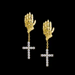 Pendientes Colgantes de Moda con Cruz de la Mano de Dios, Chapados en Oro y Plata, con Pedrería, para Hombres y Mujeres, Estilo Hip Hop Punk, Joyería, Regalo - Product Image 3
