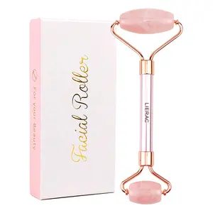 Lowest Price Wholesale Logo Natural Rose Quartz Facial Massage Rose Gold Metal Handle Pink Jade Facial Roller with Box