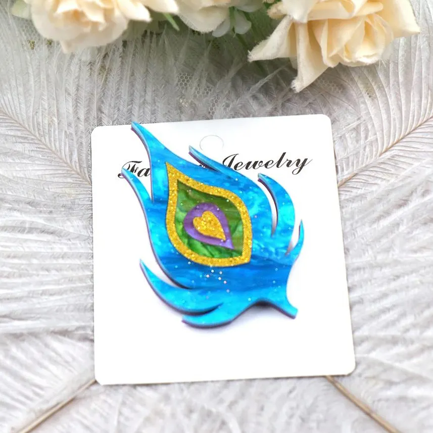 BHS012BH1036 Promotion Peacock Feather Safety Pin Blue Jewelry Mother Gift Glitter Acrylic Brooches