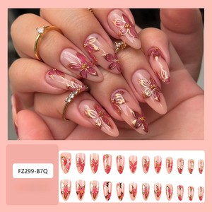 Puntas de Uñas Almendradas con Flores Doradas 3D, Estilo Delicado, Reutilizables, 24 Piezas - Product Image 5