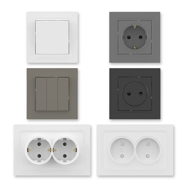 IGOTO 1 Gang 2 Way EU Standard PC Panel Power Light Switch Electrical Wall Switch and Socket for Home Decoration