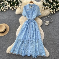 Robe longue décontractée élégante pour femme, rose, en dentelle, coupe trapèze, à manches courtes, col rabattu, simple boutonnage, ceinturée, pour le quotidien