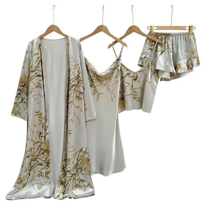 Conjunto camisola de seda e cetim, camisola para mulheres, conjunto de 5 peças, roupa de dormir sensual, vestido de seda, atacado, 2022