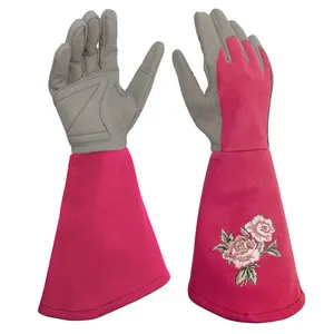 Factory sale Magenta color Rose Embroidery Pruning Gloves Gardening Gloves with Long Cuff Protection for Women and men-7351 Manufacturer