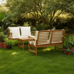 Ensemble de salon de jardin en bois d'acacia massif, blanc crème, 4 places, mobilier d'extérieur traditionnel - Product Image 2