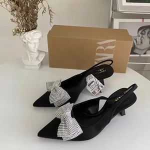 Chaussures à talons hauts de luxe pour femmes, strass brillant, décoration nœud papillon, Style élégant à enfiler, chaussures à talons fins de bureau pour dames, tendance