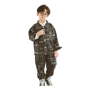 Korean Style Fashionable Custom All Over Printed Black Kids Denim Sets Fashion 2pc Denim Retro Kids Clothes Set