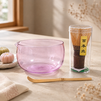 Ensemble Matcha en Verre Violet Clair avec Logo Personnalisé, Bol Transparent avec Bec Verseur, Fouet en Bambou et Cuillère pour la Préparation du Matcha
