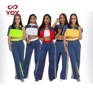 Conjunto de Calças de Jeans com Detalhes em Denim e Zíper, Top com Gola, Calças de Perna Larga, Conjunto <span class=keywords><strong>Casual</strong></span> Feminino - Product Image 1