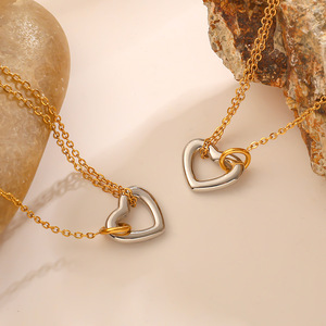 Collar de cadena fina de acero inoxidable con diseño de corazón hueco en contraste de color estilo coreano, delicado, versátil, elegante para el día a día, para mujer - Product Image 5