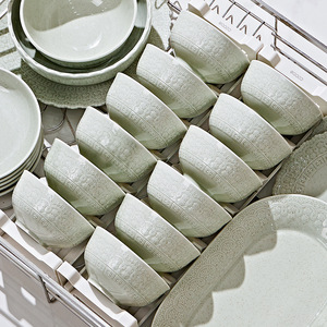 Juego de Vajilla de Cerámica Verde al por Mayor, Platos y Tazones de Porcelana con Relieve de Encaje y Diseño Moteado, Estilo Boho, Personalizable para Minoristas - Product Image 4