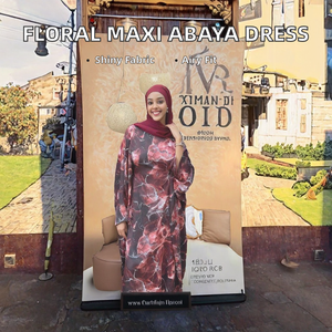 Muslim Modest Printed Abaya Dress-Waist-Tied Maxi Dress with Solid Pattern (<b>Ankle</b>-Length) 2 Colors and 2 Sizes Available - Product Image 2