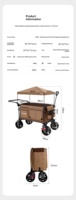 Chariot de camping pliable à quatre roues, chariot utilitaire en métal, imperméable, avec pare-soleil, poignée de poussée et de traction, pour la plage, le jardin, les courses