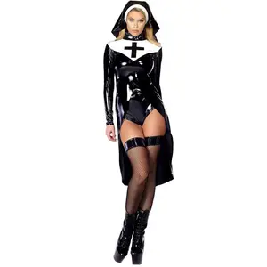 2024 Women's Halloween Cosplay Role-Playing Black PU Leather Punk Uniform Nun Costume for Women