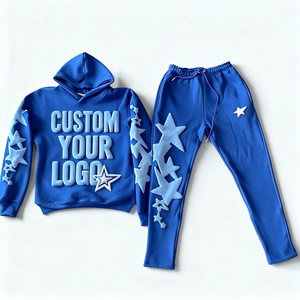 カスタムパフ印刷ロゴ2ピースパーカーとスウェットパンツセット男性パーカーコットンセットOEM利用可能トラックスーツ - Product Image 1