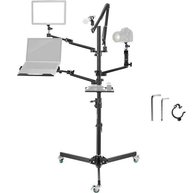 PRIME FOCUS Rolling Live Streaming Stand with Wheels Adjustable Overhead Camera Mount Floor Stand for Ring Light Phone Projector
