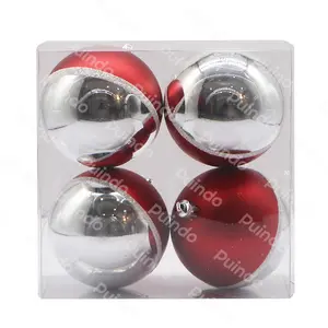 Puindo 4pcs经典糖果棒主题圣诞装饰球塑料红银圣诞树悬挂装饰球套装