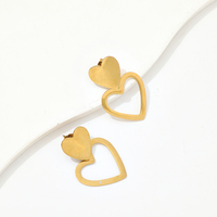 Gouden dubbele hartvormige oorhangers van roestvrij staal, clip-on, open frame, charme, twee lagen, delicaat, romantisch, unisex, Valentijnsdag