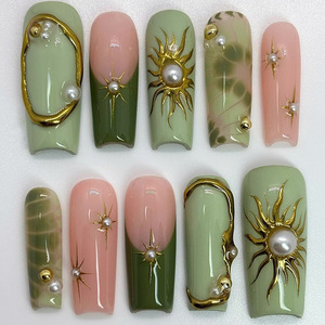 24 Uñas Postizas de ABS con Diseño de Estrella y Sol, Reutilizables, 3D, con Perlas, Largas, Cónicas, Tipo Stiletto - Product Image 1