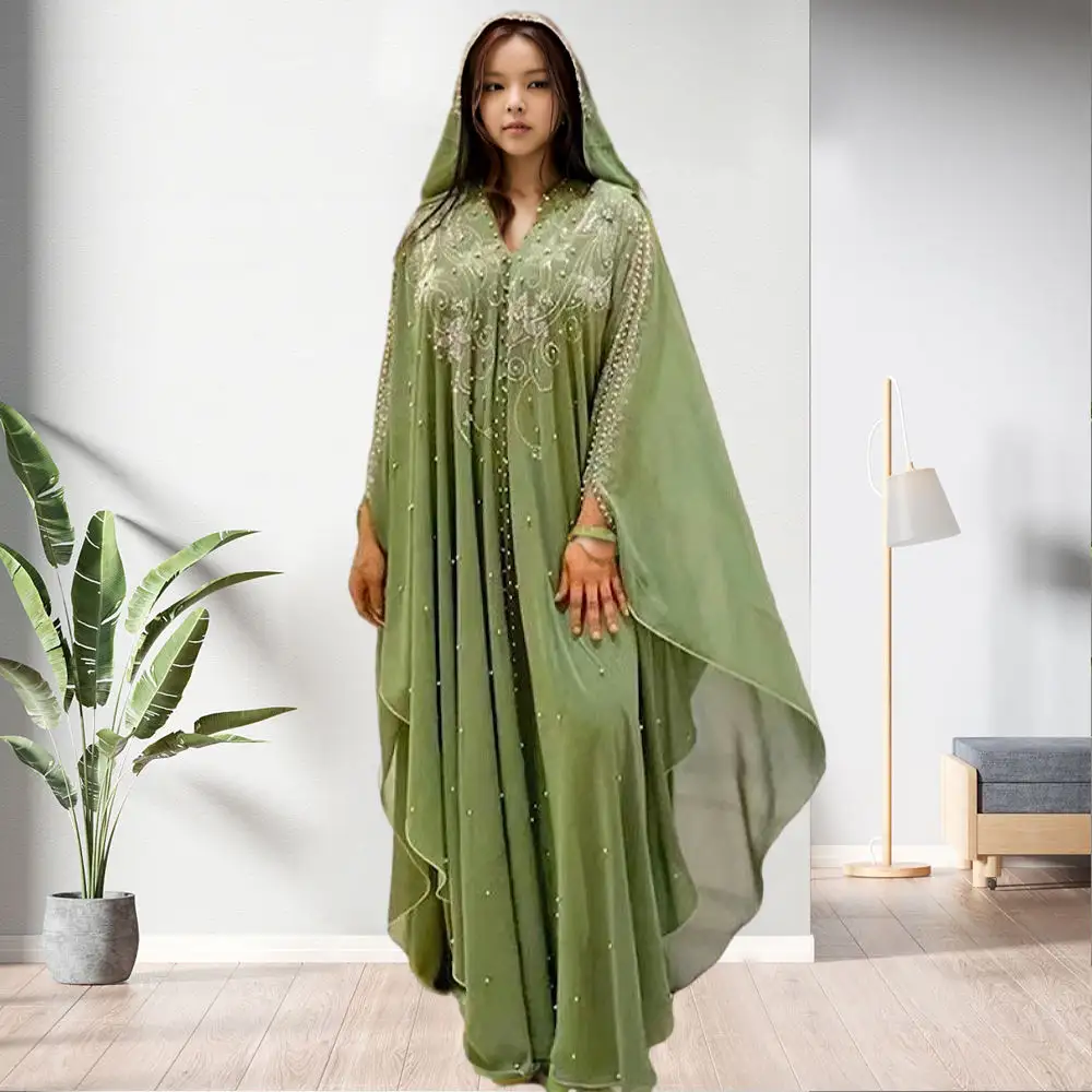 नवीनतम कफ्तान अरब अबाया परिधान प्लस साइज हुड वाली मनके प्रिंट ढीली मैक्सी ड्रेस महिलाएं