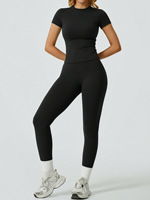 Ensemble de yoga deux pièces pour femme, séchage rapide, taille haute, effet push-up, manches courtes, pantalon long, extensible, pour Pilates, fitness et sport