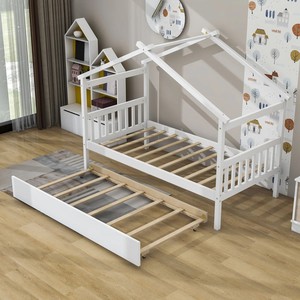 Lit enfant en pin massif pour fille et garçon, lit simple avec lit gigogne et barrière de sécurité, style minimaliste moderne pour usage domestique - Product Image 4
