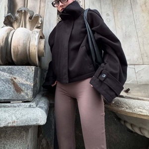 Manteau court en laine pour femme, coupe ample, col montant, tendance - Product Image 3