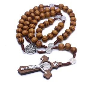 Collana con croce in legno fatta a mano all'ingrosso ornamenti religiosi collana con perline rosario cattolico