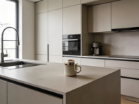Îlot de cuisine moderne modulaire en bois avec portes en MDF et contreplaqué, finition mélaminée laquée, évier et robinet en acier inoxydable, et pied de meuble.