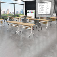 Table pliante extensible en bois avec roulettes et pieds en acier pour salle de classe moderne, formation, conférence, réunion, bureau, avec rangement