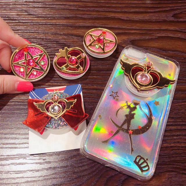 Customized Glitter Shining SAILOR Moon Promotional Gift PC Finger Holder Leakproof Flexible Portable Adjustable Phone Phones