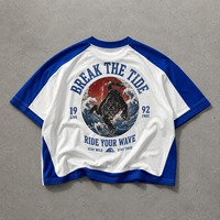 T-shirt Raglan Homme Coupe Décontractée Personnalisé Blanc Bleu Manches Contrastantes Motif Vague Panthère Transfert Thermique Décontracté Manches Courtes