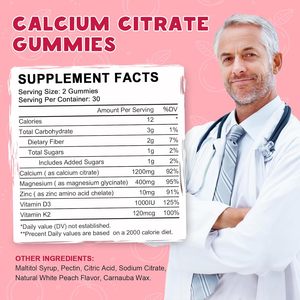 Gomitas de Citrato de <span class=keywords><strong>Calcio</strong></span> 1200mg D3 con <span class=keywords><strong>Magnesio</strong></span> <span class=keywords><strong>y</strong></span> <span class=keywords><strong>Zinc</strong></span>, OEM/ODM, Apoyo Inmunológico, <span class=keywords><strong>Beneficios</strong></span> Antioxidantes, Certificación Halal, Botellas de 60 Unidades - Product Image 2