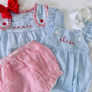 Conjuntos de <span class=keywords><strong>Ropa</strong></span> para Bebés Niñas con Rayas Azules y Rojas, de Algodón Seersucker, Monogramados, sin Mangas, para Verano, con Pantalones Bombachos - Product Image 2